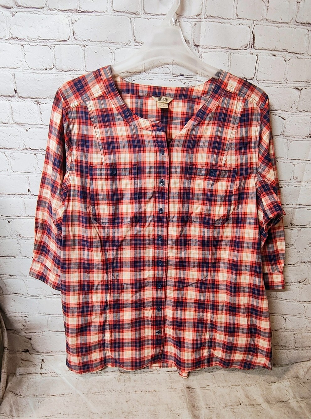 Duluth XXL Womens Henley Collar Organic Cotton Button Blouse Plaid Red Blue Top